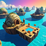 A digital artwork showcasing various NFT platforms (OpenSea, Rarible, SuperRare, Foundation) as floating islands in a vibrant, interconnected metaverse. Each island should visually represent the platform's unique characteristics, with OpenSea as a bustling marketplace, Rarible as a community hub, SuperRare as an exclusive gallery, and Foundation as a modern art museum.
