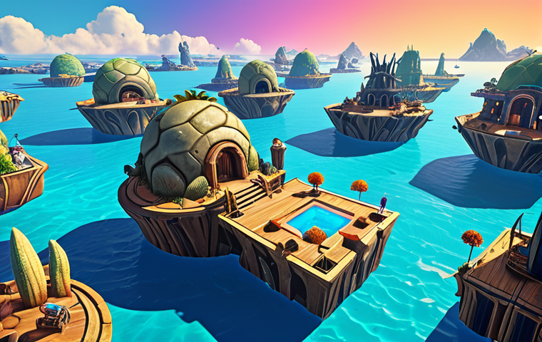 A digital artwork showcasing various NFT platforms (OpenSea, Rarible, SuperRare, Foundation) as floating islands in a vibrant, interconnected metaverse. Each island should visually represent the platform's unique characteristics, with OpenSea as a bustling marketplace, Rarible as a community hub, SuperRare as an exclusive gallery, and Foundation as a modern art museum.